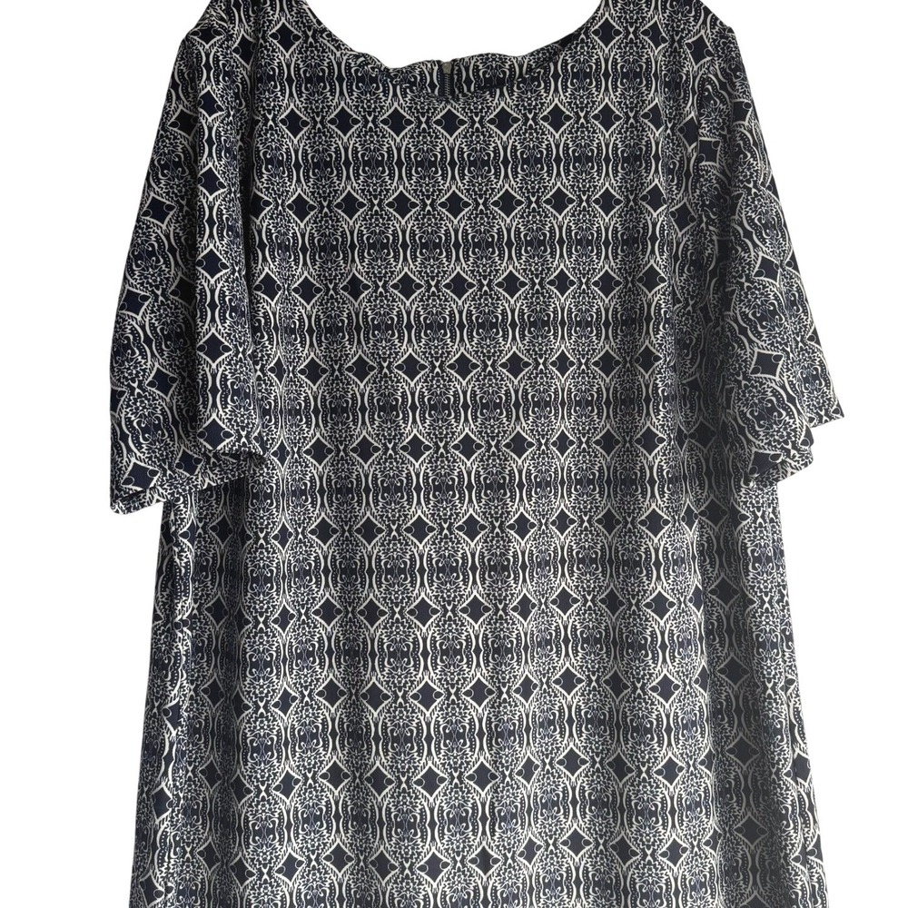 Women Geometric Print Dress Blue Cream Plus Size 22W Casual Workwear Midi Spring - Picture 3 of 8